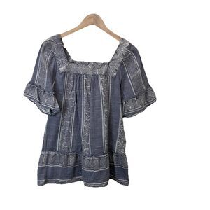 Tribal Chambray Blue Short Sleeve Boho Top Blouse Cottage Core Womens Size M